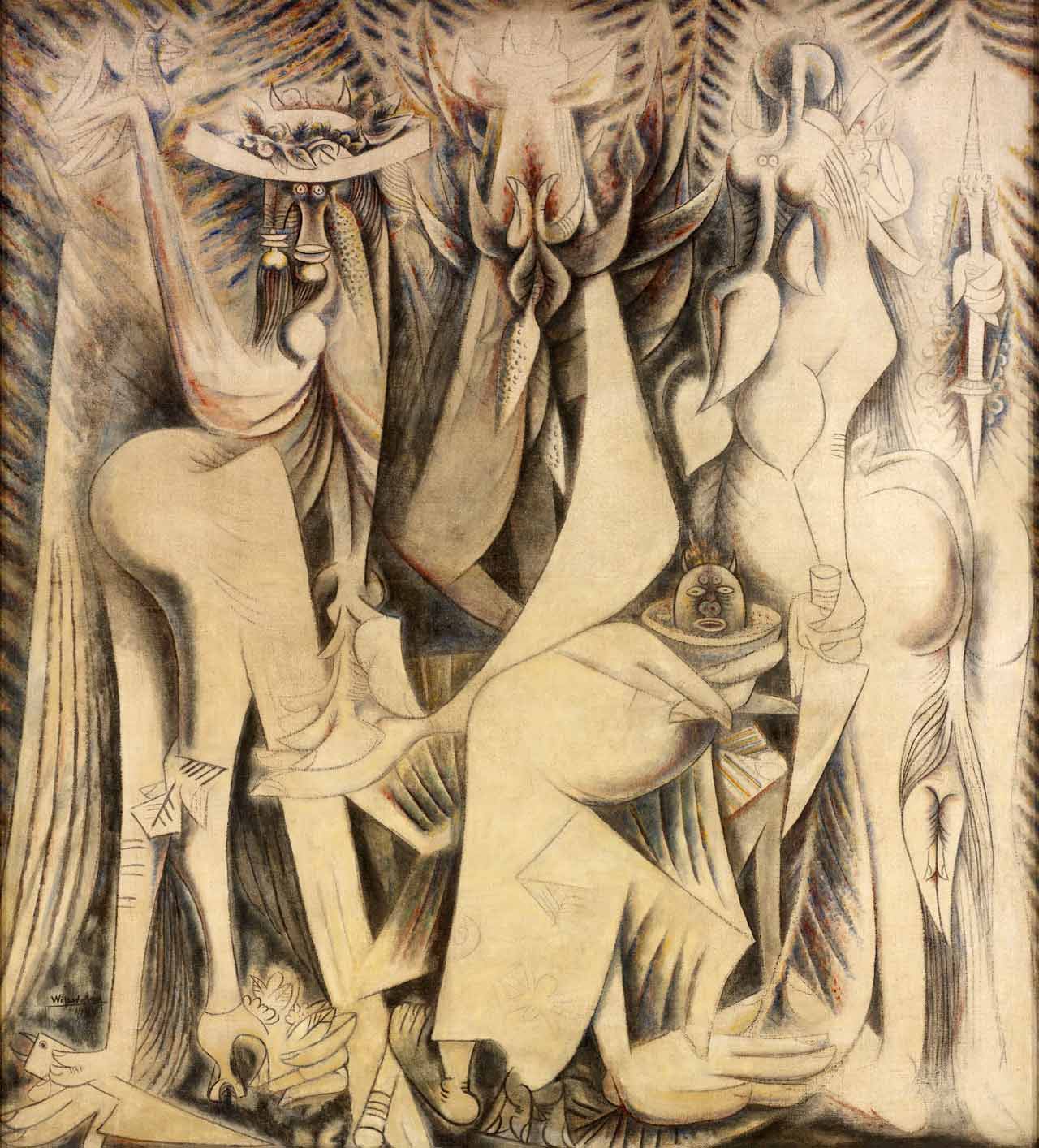 Wifredo Lam, The Eternal Presence (An Homage to Alejandro García Caturla), 1944, oil and pastel over papier mâché and chalk ground on bast fiber fabric, 85 ¼ x 77 1/ 8 inches (Rhode Island School of Design Museum)