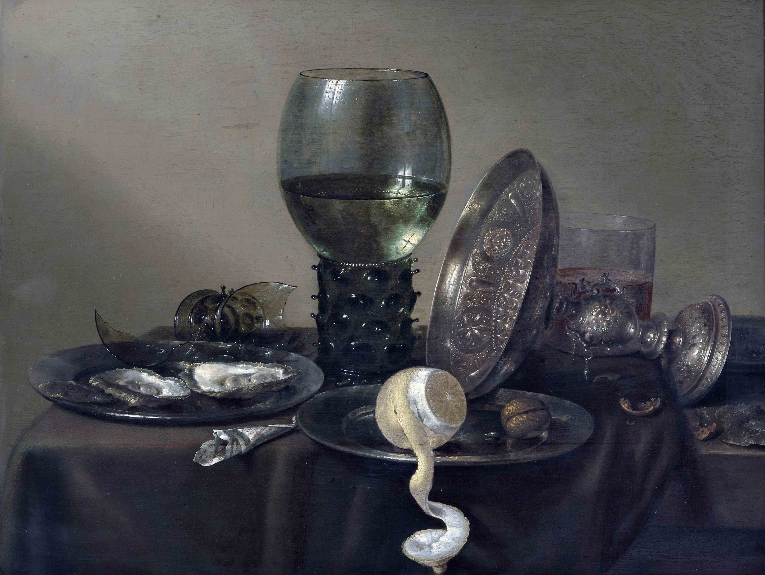 William Claesz. Heda, <em>Still Life with Oysters, a Roemer, a Lemon and a Silver Bowl</em>, 1634, oil on panel, 43 x 57 cm (<a href="https://www.boijmans.nl/en/collection/artworks/1834/still-life-with-oysters-a-rummer-a-lemon-and-a-silver-bowl">Museum Boijmans van Beuningen, Rotterdam</a>)
