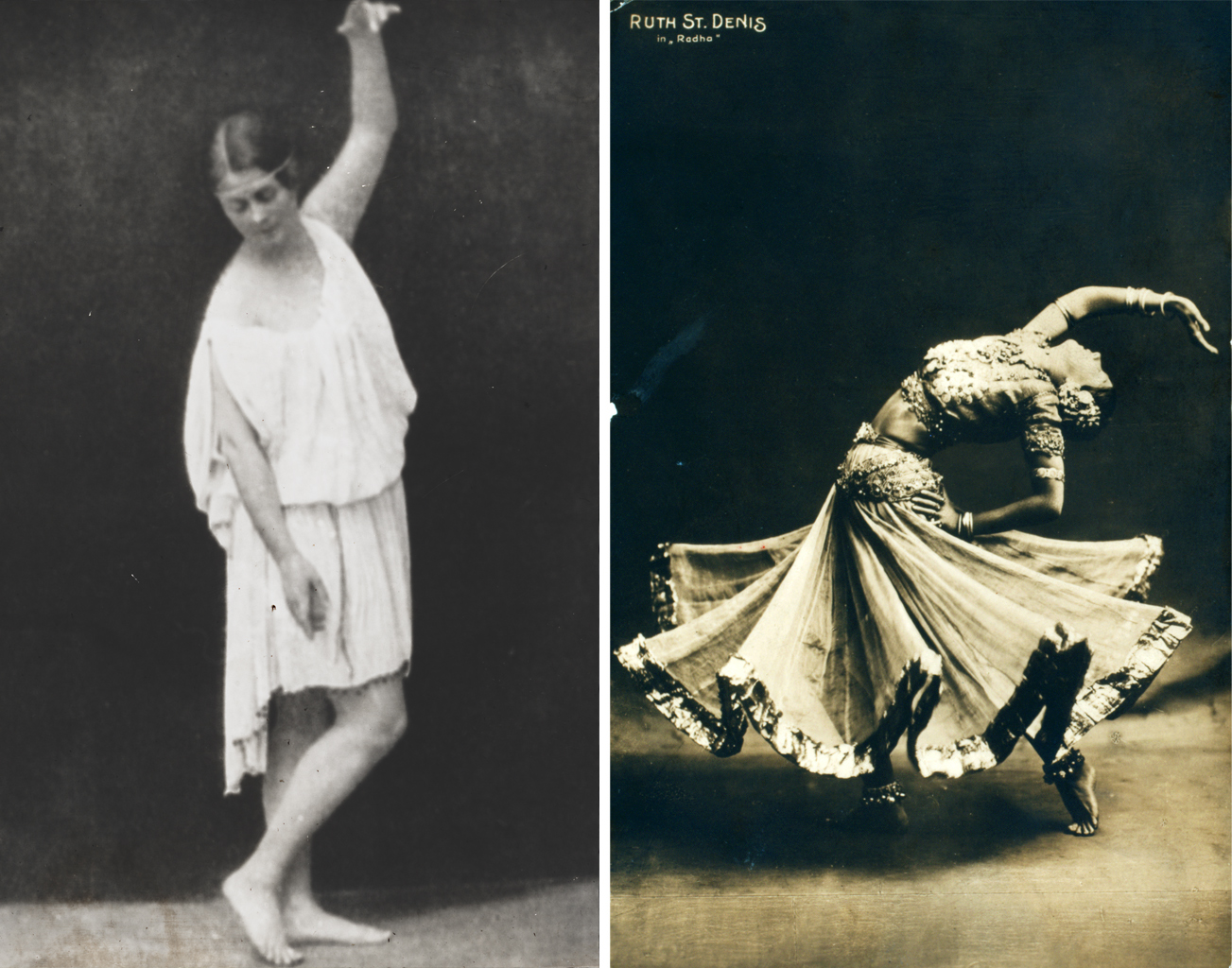 Left: Isadora Duncan dancing, 1903; right: Ruth St. Denis in Radha, c. 1906 (New York Public Library)