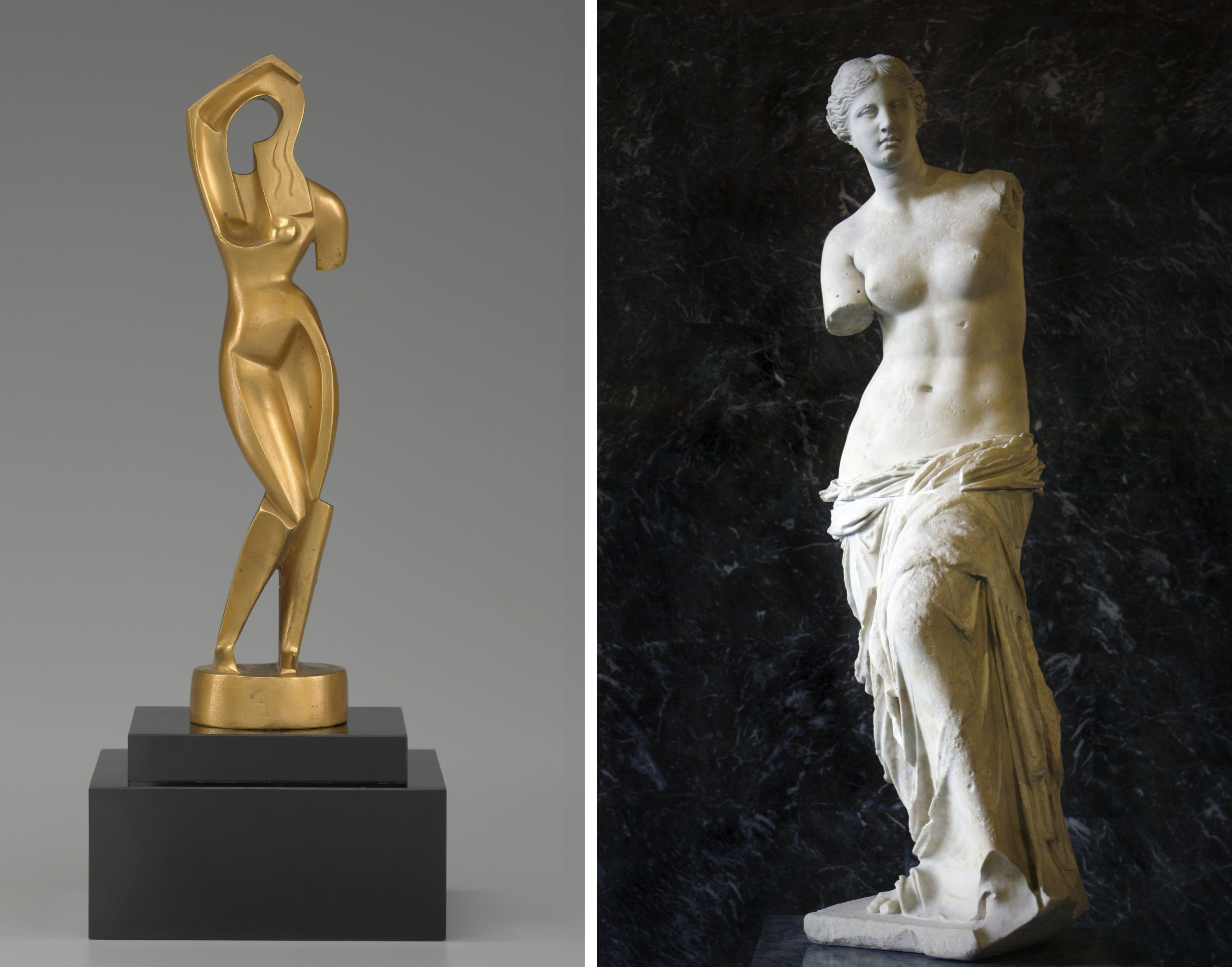 Left: Alexander Archipenko, Woman Combing Her Hair, 1915, bronze, 34 7/8 inches tall (Yale University Art Gallery); Right: Aphrodite, known as the “Venus de Milo”, c. 100 BC, marble, 2.02 m. tall (photo: Mattgirling, CC BY 3.0)