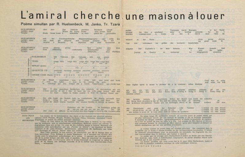 L’amiral cherche une maison à louer text, recited 30 March 1916, as published in the journal Cabaret Voltaire, 1916