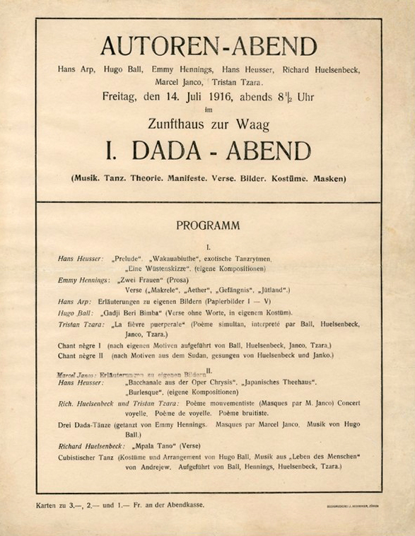 Program for the first Dada Evening in Waag Hall
