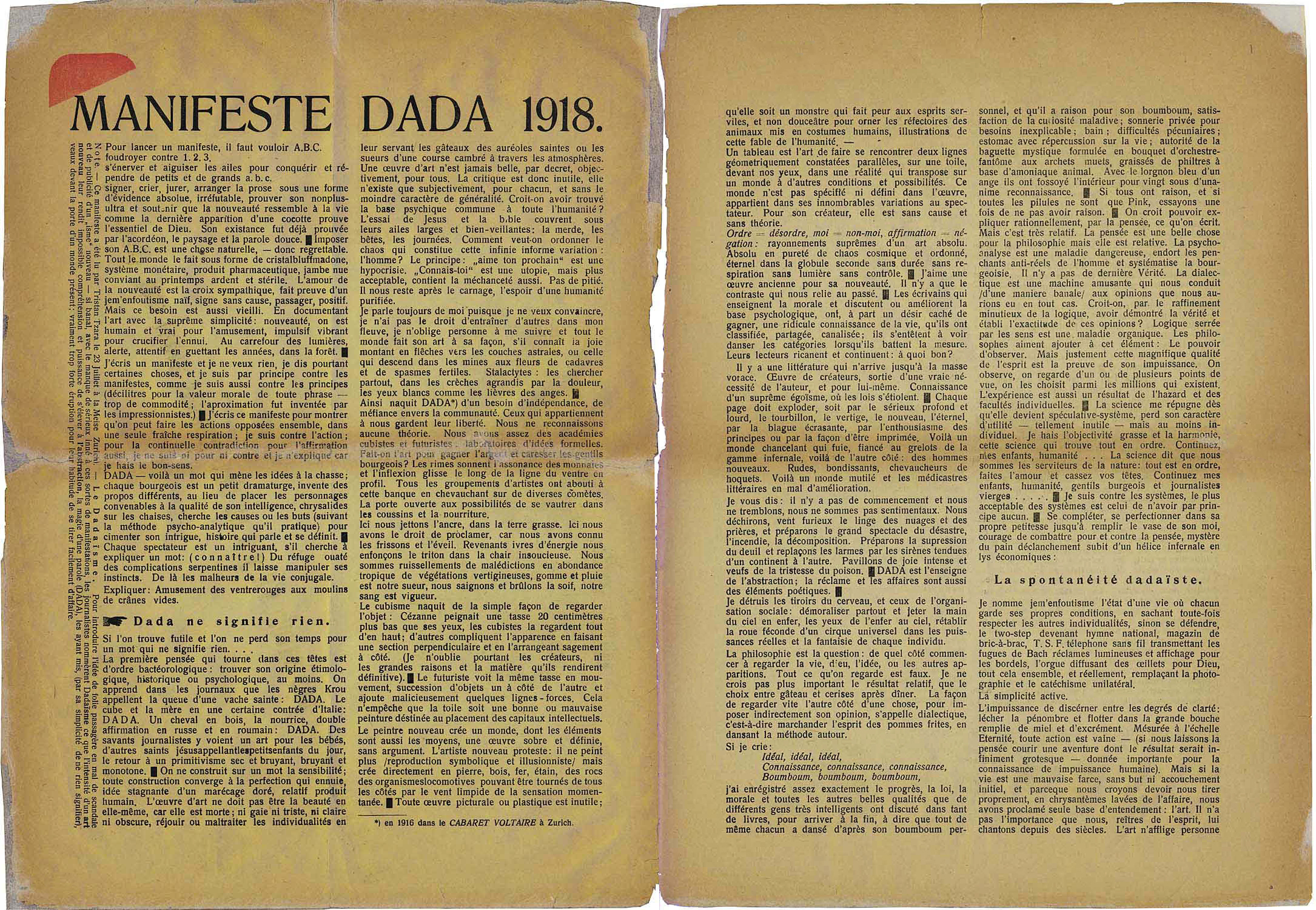 2-page layout of Tristan Tzara’s Dada Manifesto, printed in Dada 3 (December 1918)
