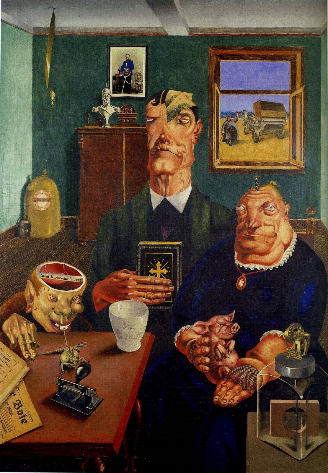 Georg Scholz, Bauernbild (Farmer Picture), also known as Industrial Farmers, 1920, oil on wood with collage and photomontage, 98 x 70 cm (Von der Heydt-Museum Wuppertal)