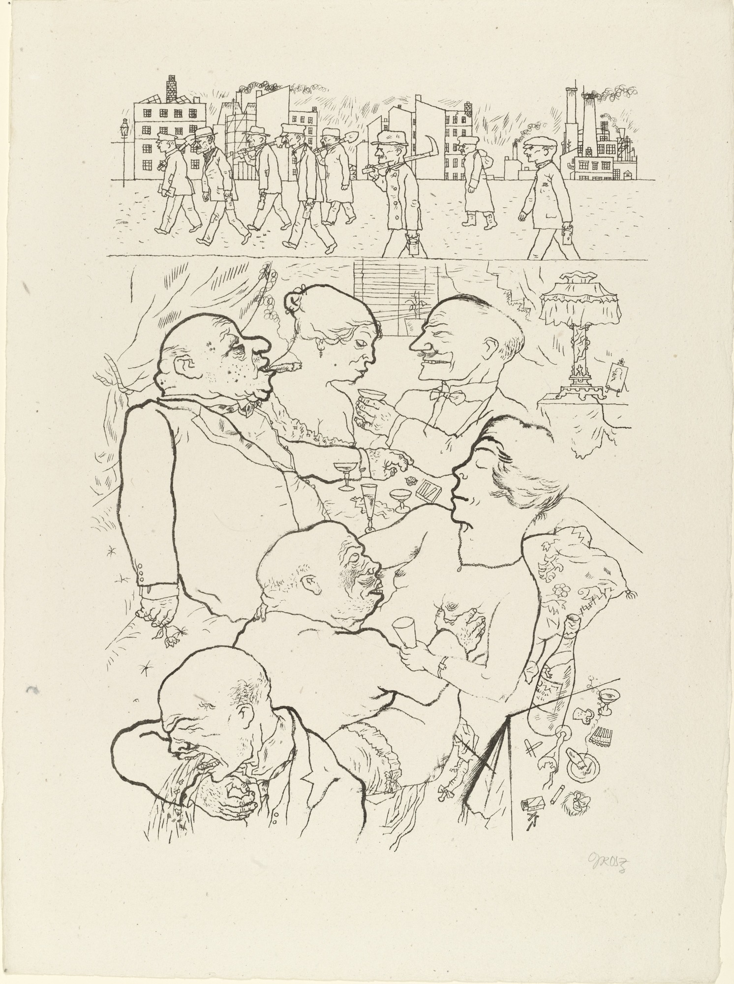 George Grosz, Dawn (Früh um 5 Uhr!), 1920/21, photolithograph from a portfolio of ten lithographs In the Shadows (1921), 48 x 35.4 cm (MoMA)