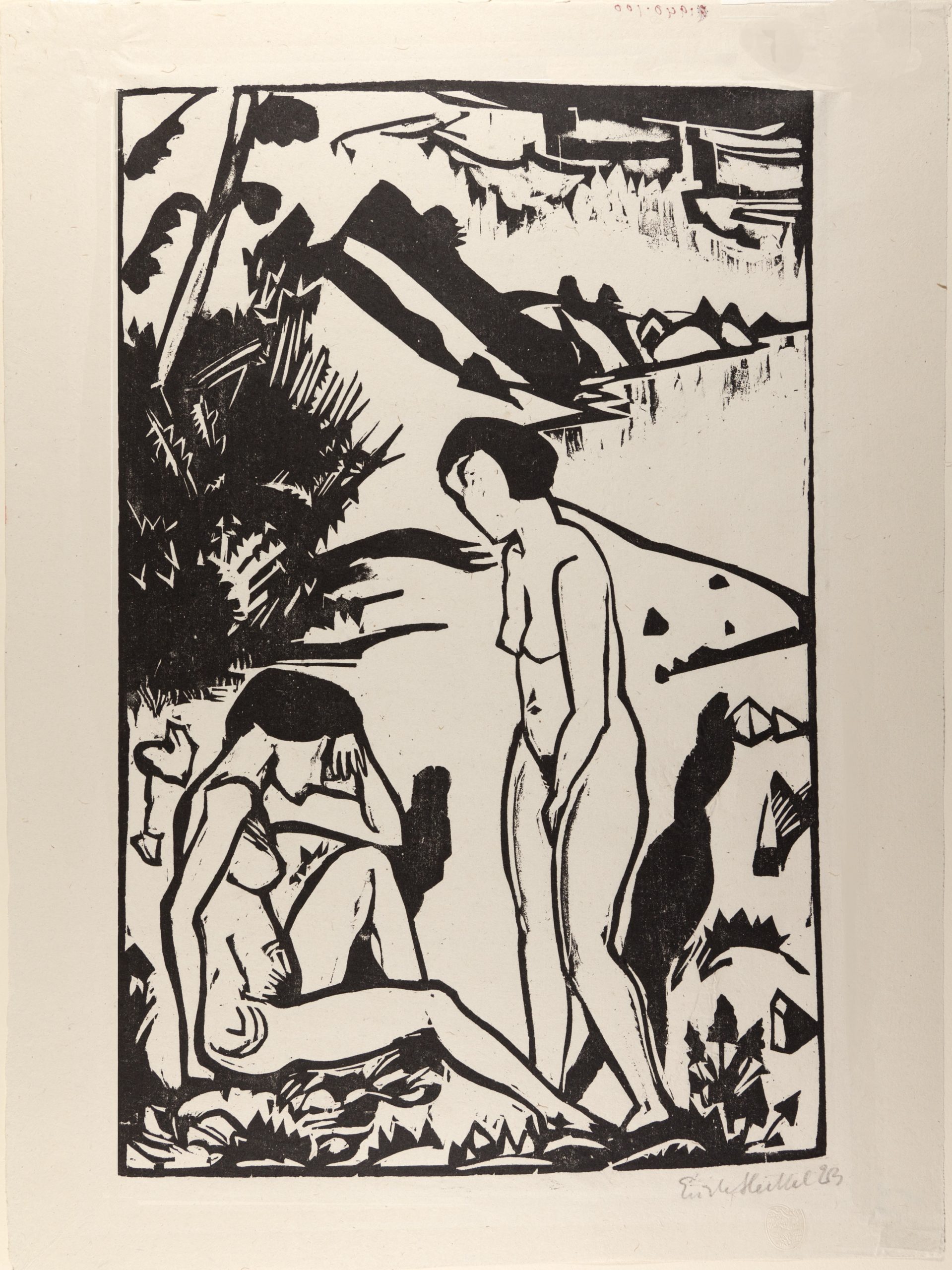 Erich Heckel, The Bathers, woodcut, 1923, 18 ½ x 13 7/8 inches, (Mills College Art Museum)