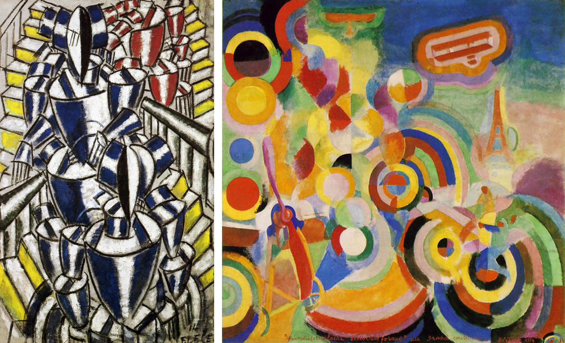 Left: Fernand Léger, The Staircase, 1914, oil on canvas, 133.4 x 93.5 cm (Moderna Museet Stockholm); Right: Robert Delaunay, Hommage à Bleriot, 1914, glue-bound distemper on canvas, 250 x 251 cm (Kunstmuseum Basel)