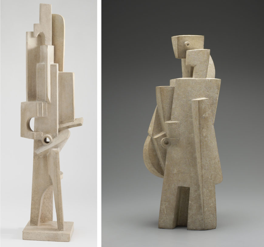 Left: Jacques Lipchitz, Man with a Guitar 1915, limestone, 38 1/4 x 10 1/2 x 7 3/4 inches (MoMA); Right: Jacques Lipchitz, Man with a Mandolin 1916-17, limestone, 30 x 10 1/4 x 11 3/8 inches (Yale University Art Gallery) 
