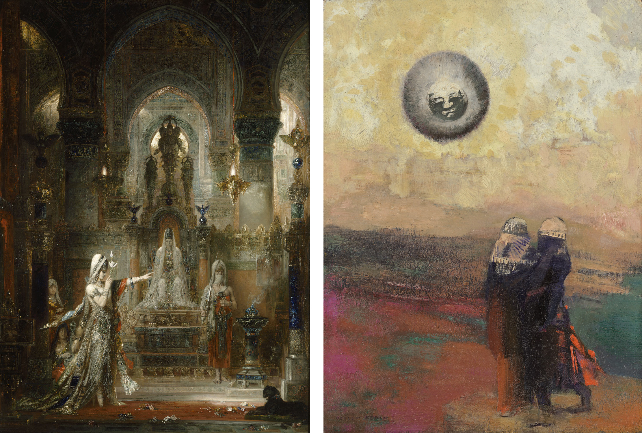 Left: Gustave Moreau, Salome Dancing before Herod, 1876, oil on canvas, 58.5 x 41.1” (Hammer Museum, Los Angeles); Right: Odilon Redon, The Black Sun, c. 1900 oil on board, 12 3/4 x 9 3/8” (MoMA)