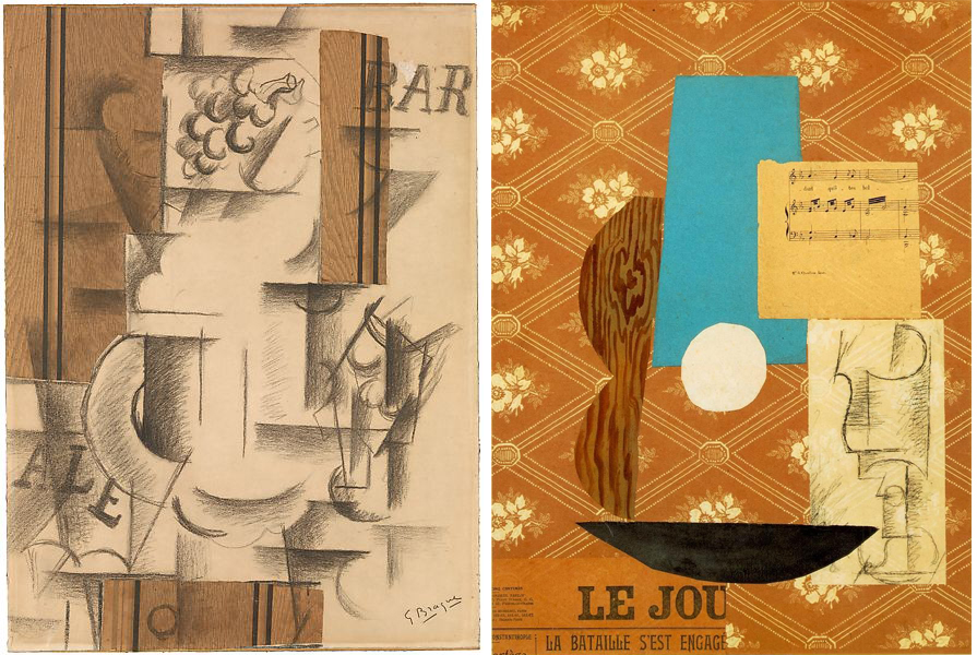 Left: Georges Braque, Fruit Dish and Glass, Sorgues, autumn 1912, charcoal and cut-and-pasted printed wallpaper with gouache on white laid paper mounted on paperboard, 62.9 × 45.7 cm (The Metropolitan Museum of Art); Right: Pablo Picasso, Guitar, Sheet Music and Glass, 1912, collage and charcoal on board, 18 7/8 x 14 3/4 inches (McNay Museum, San Antonio)