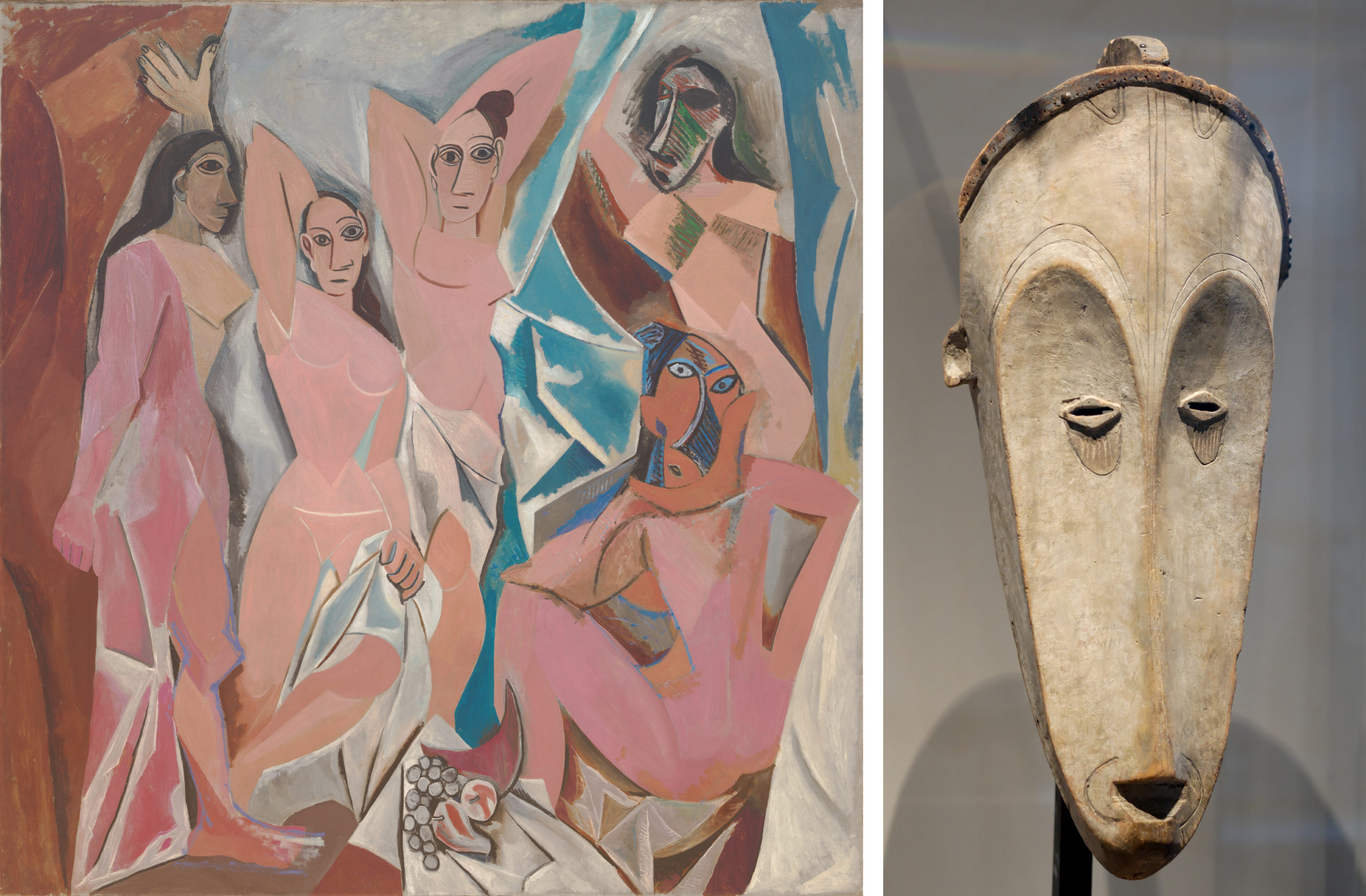 Left: Pablo Picasso, Les Demoiselles d’Avignon, 1907 (MoMA); Right: Fang mask, Gabon, 19th century (Musée du Louvre)