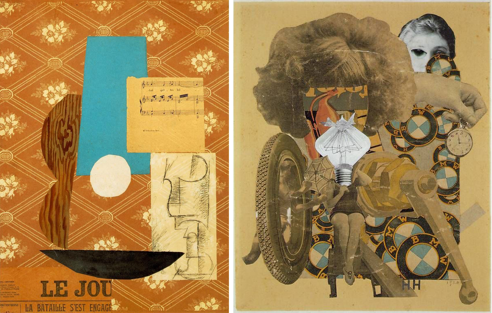 Left: Pablo Picasso, Guitar, Sheet Music and Glass, 1912, Collage and charcoal on board, 18 7/8 x 14 3/4 inches (McNay Museum, San Antonio); Right: Hannah Höch, The Beautiful Girl, 1919-20, photomontage and collage, 35 x 29 cm (private collection)