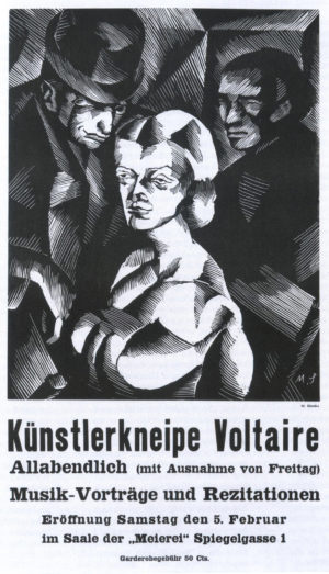 Cartel para la inauguración del Cabaret Voltaire, 1916, litografía de Marcel Slotki (Kunsthaus Zurich, imagen: dominio público)
