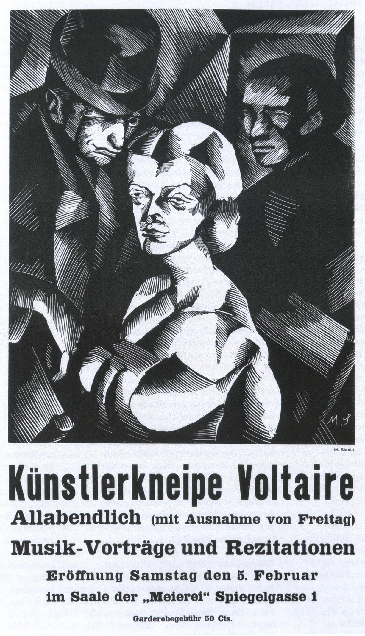 Cartel para la inauguración del Cabaret Voltaire, 1916, litografía de Marcel Slotki