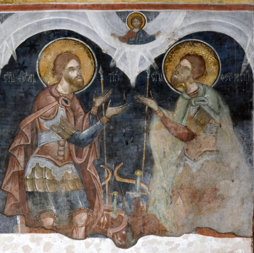 Saints Theodore the General and Theodore the Recruit, shown as a pair in prayer. St. Nicholas Church, 1499, Balinesti (image: Vlad Bedros)