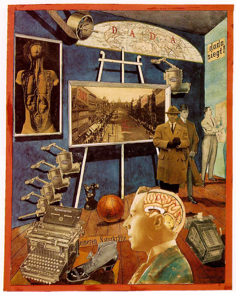 Raoul Hausmann, A Bourgeois Precision Brain Incites a World Movement, also known as Dada siegt (Dada Triumphs), 1920, photomontage and collage with watercolor on paper, 33.5 x 27.5 cm (private collection)