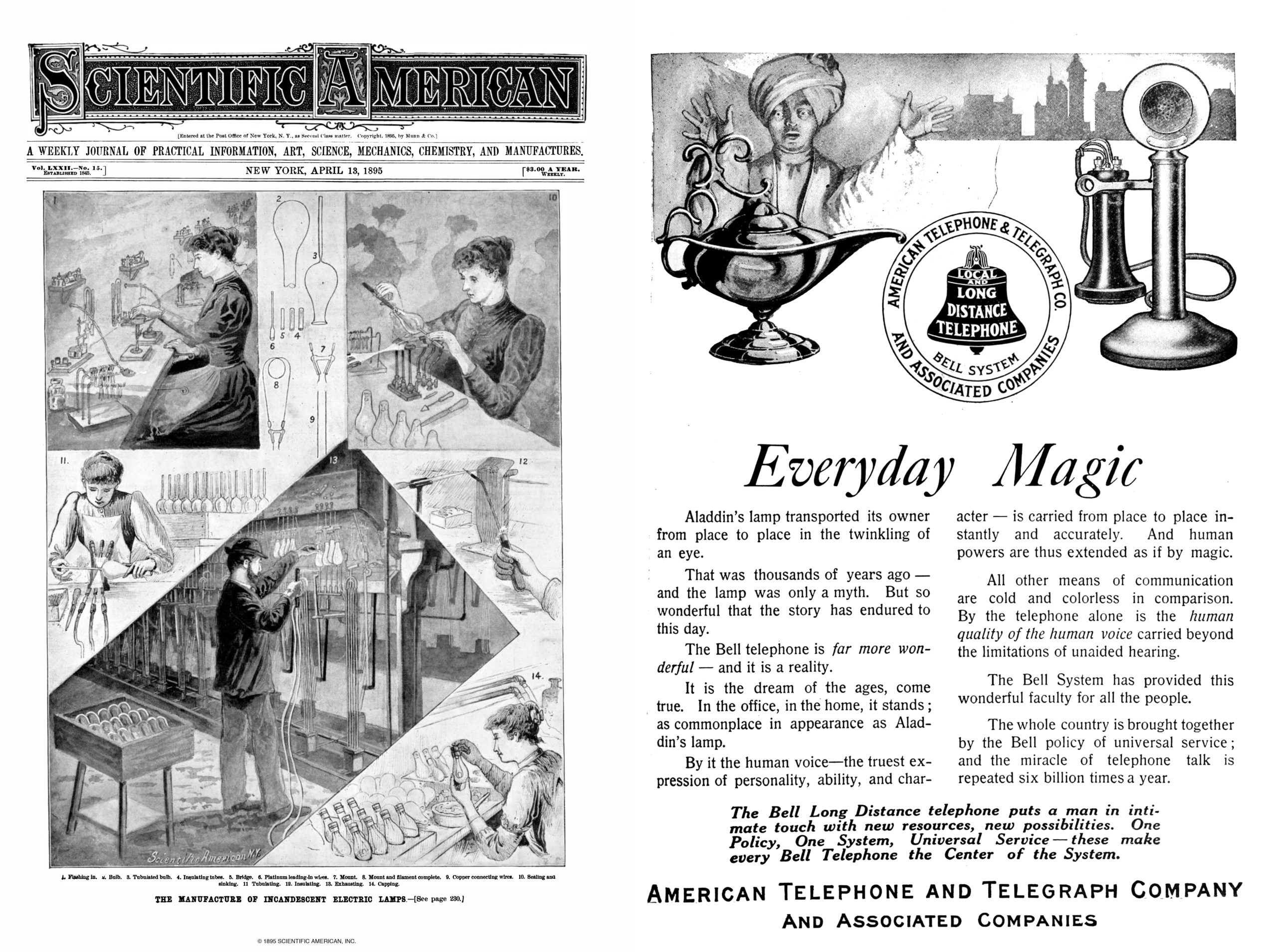 Left: Scientific American cover from April 13, 1895 on manufacturing incandescent lightbulbs; Right: AT&T ‘Everyday Magic’ advertisement for the Bell System telephone, Popular Mechanics, March 1910