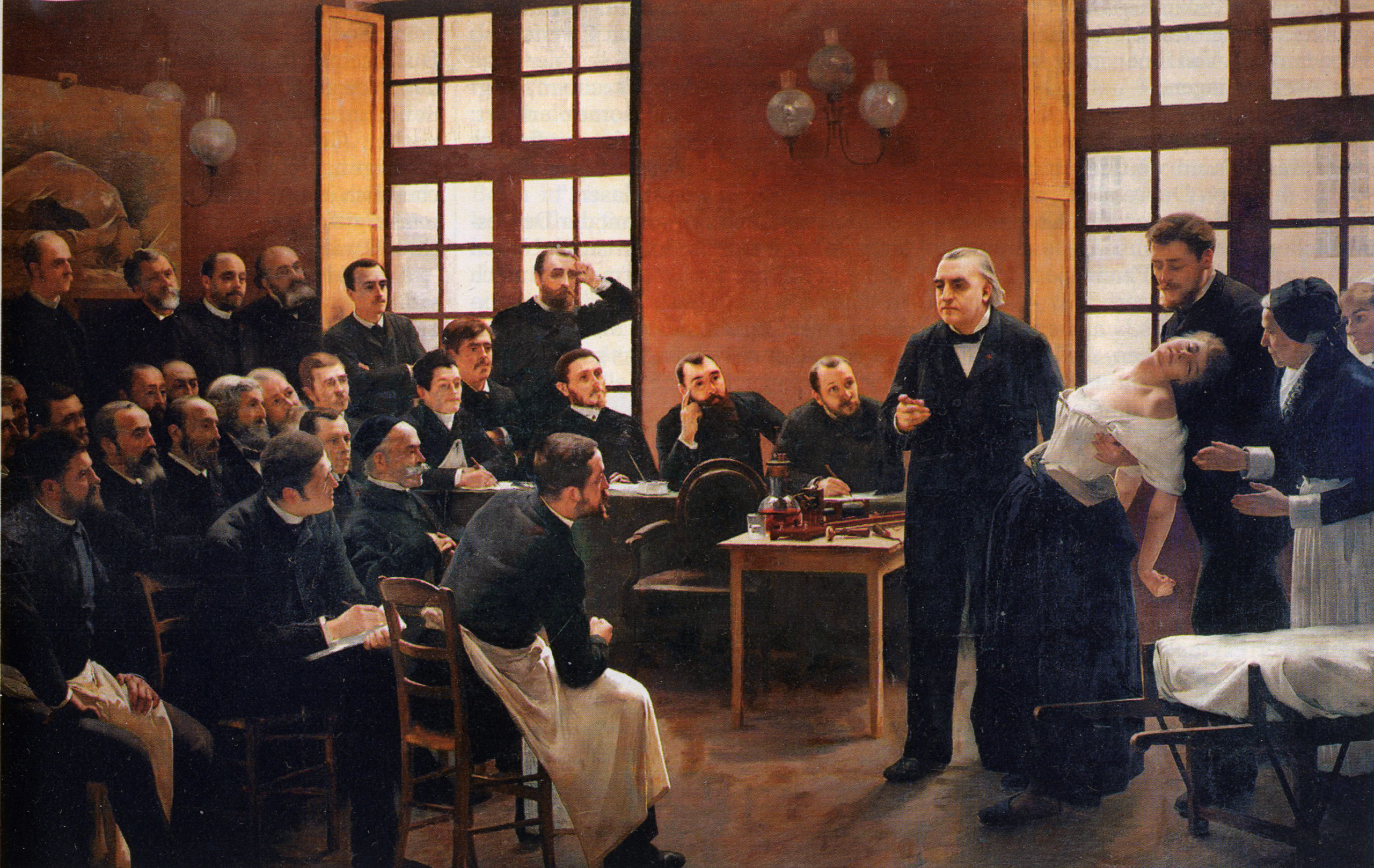 André Brouillet, Clinical Lesson at La Salpêtrière, 1887, oil on canvas, 290 x 430 cm (University of Paris). This painting of Jean Charcot demonstrating hypnosis hung in Freud’s study.