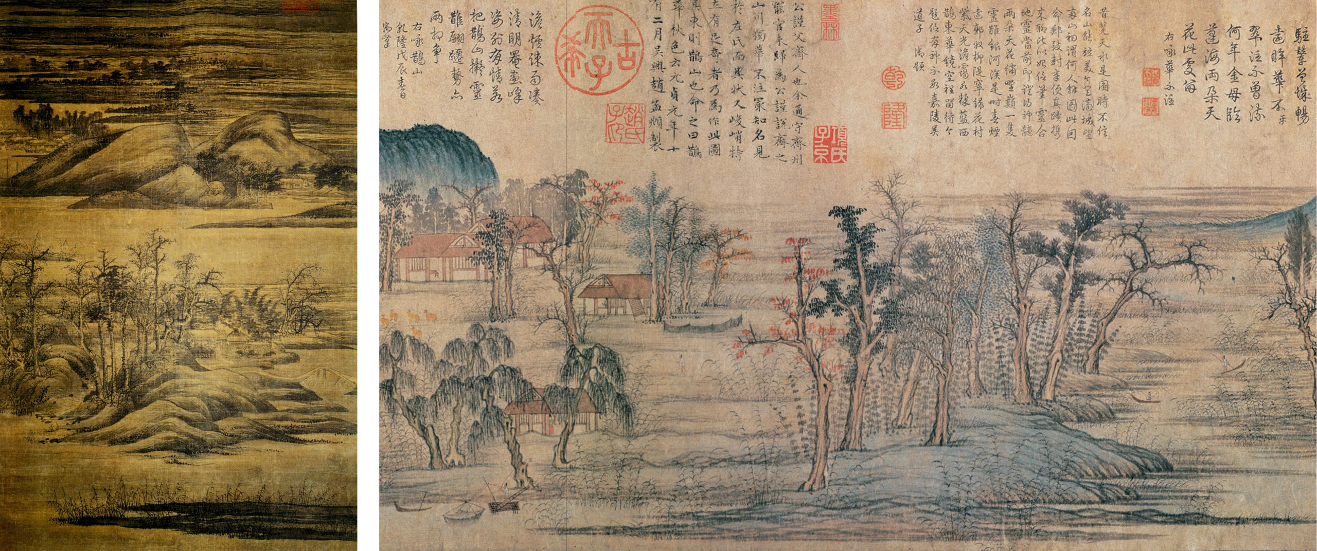 Left: Dong Yuan, Wintry Groves and Layered Banks, c. 950, ink and colors on silk, 181.5 x 116.5 cm (Kurokawa Institute, Japan); Right: Zhao Mengfu, Autumn Colors on the Que and Hua Mountains, detail, 1295, ink and colors on paper, 28.4 x 93.2 cm (National Palace Museum, Taipei)