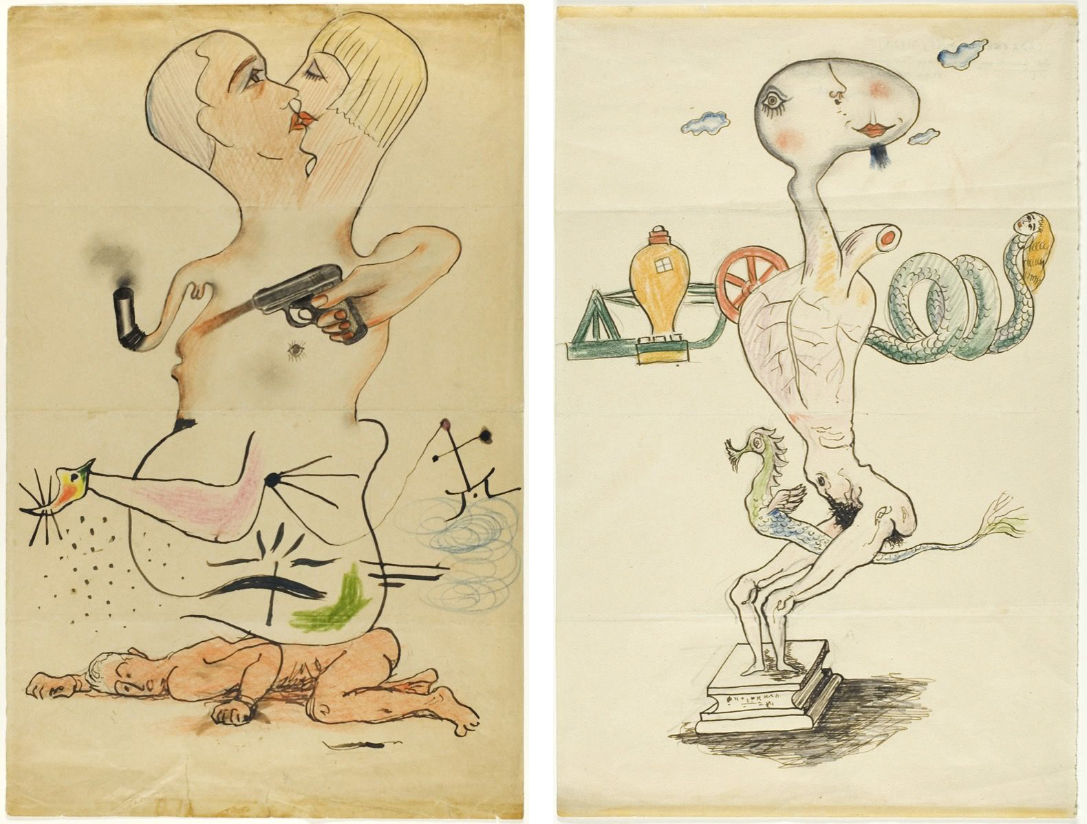 Left: Exquisite Corpse drawing by Yves Tanguy, Joan Miró, Max Morise, and Man Ray, 1927, ink and pencil on paper, 14 1/8 x 9 inches (MoMA); Right: Exquisite Corpse drawing by Yves Tanguy, André Breton, Max Morise, and Man Ray, c. 1927