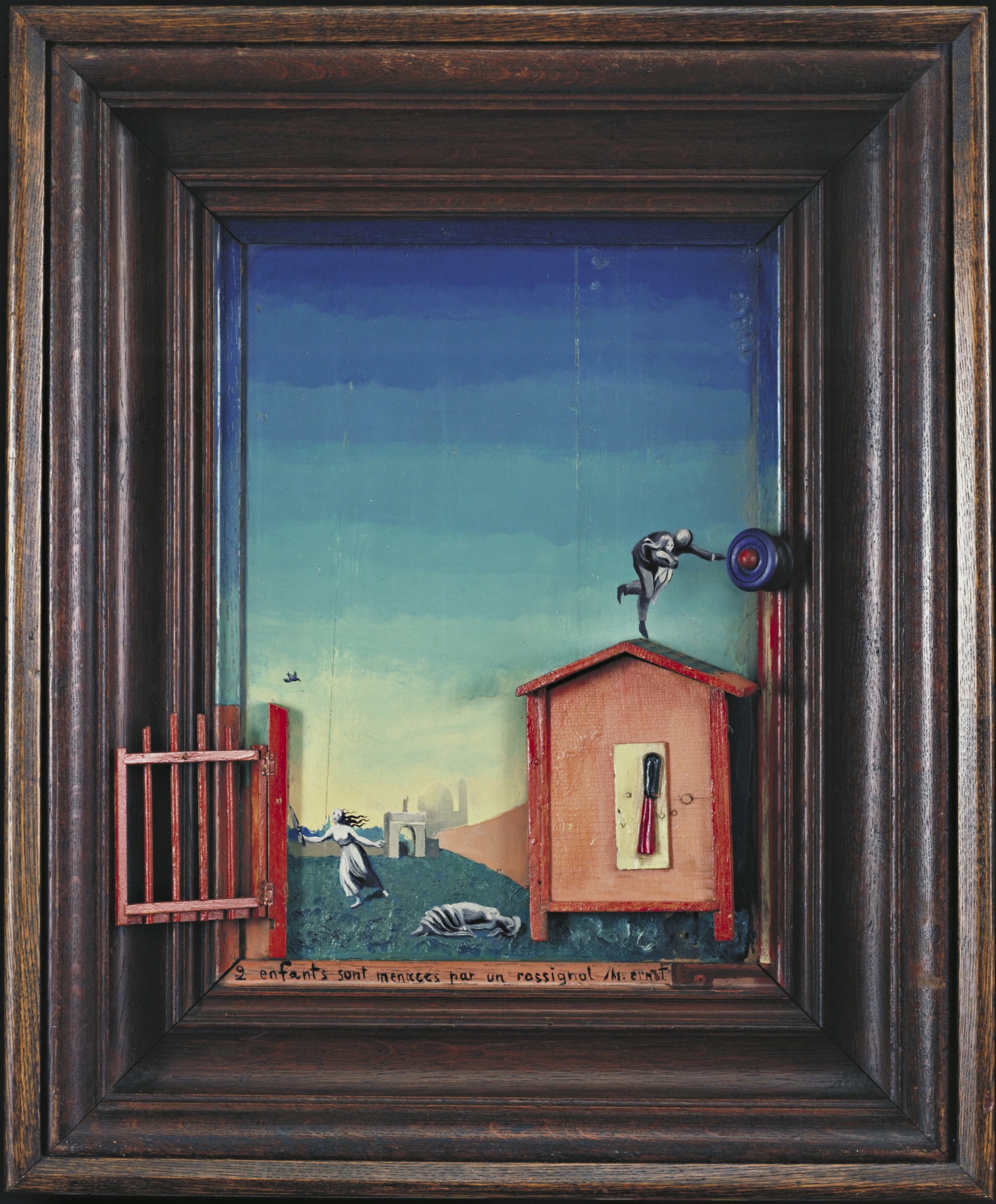 Max Ernst, Dos niños son amenazados por un ruiseñor, 1924, óleo con elementos de madera pintados y papel impreso cortado y pegado sobre madera con marco de madera, 27 ½ x 22 ½ x 4 ½ pulgadas (MoMA)
