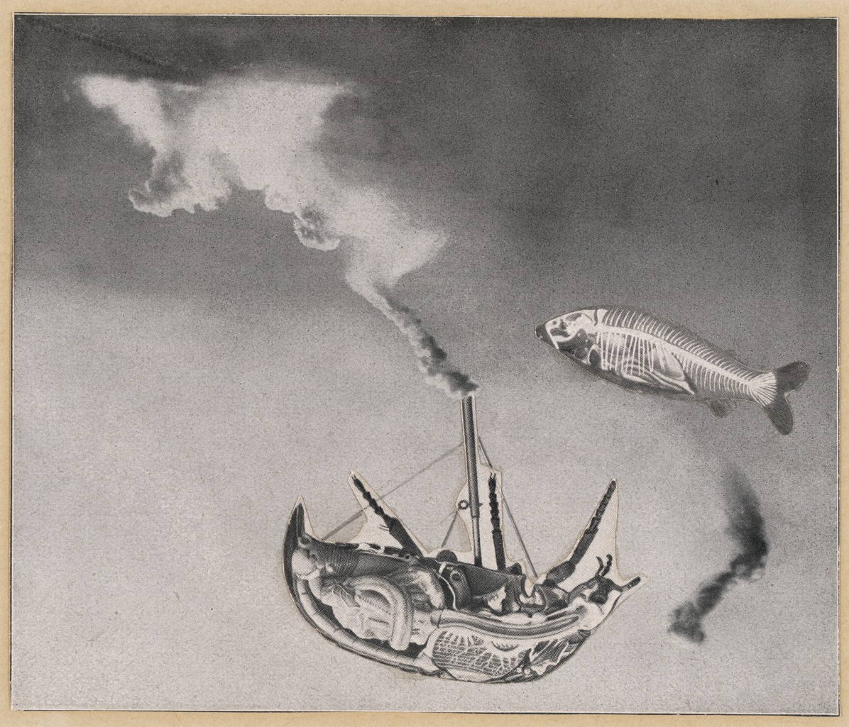 Max Ernst, Here Everything is Still Floating, 1920, printed paper collage with pencil on cardstock, 6 ½ x 8 ¼ inches (MoMA)