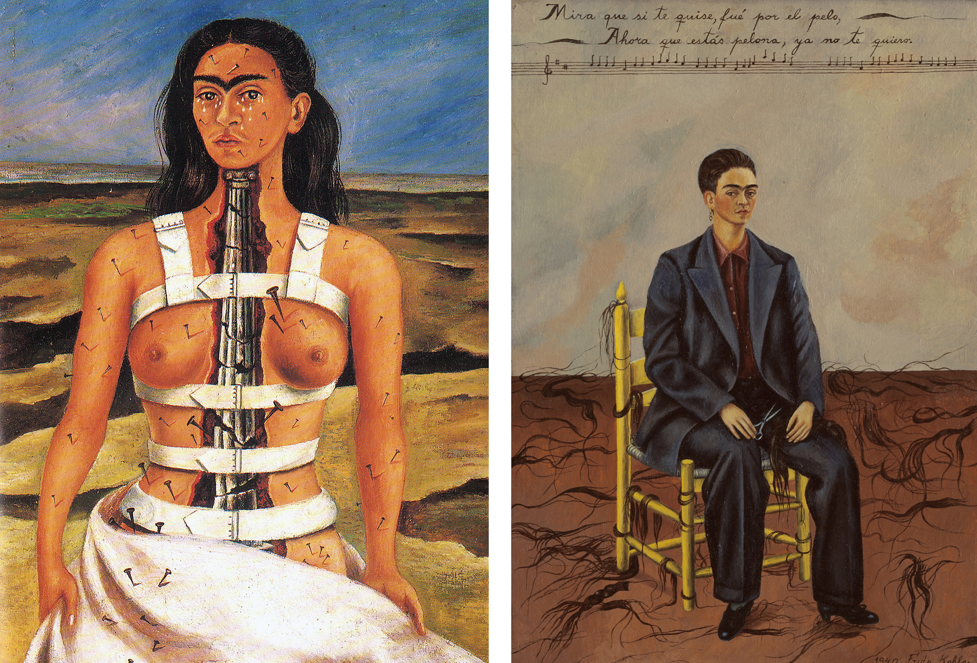 Left: Frida Kahlo, The Broken Column, 1944, oil on masonite, 30.5 x 39 cm (Museo Dolores Olmedo); Right: Frida Kahlo, Self Portrait with Cropped Hair, 1940, oil on canvas, 15 ¾ x 11 inches (MoMA) 