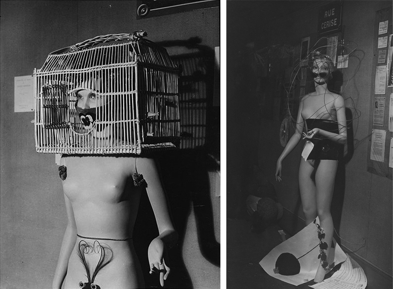 Left: Man Ray, André Masson’s mannequin at the International Surrealist Exhibition, 1938; Right: Man Ray, Joan Miró’s mannequin at the International Surrealist Exhibition, 1938