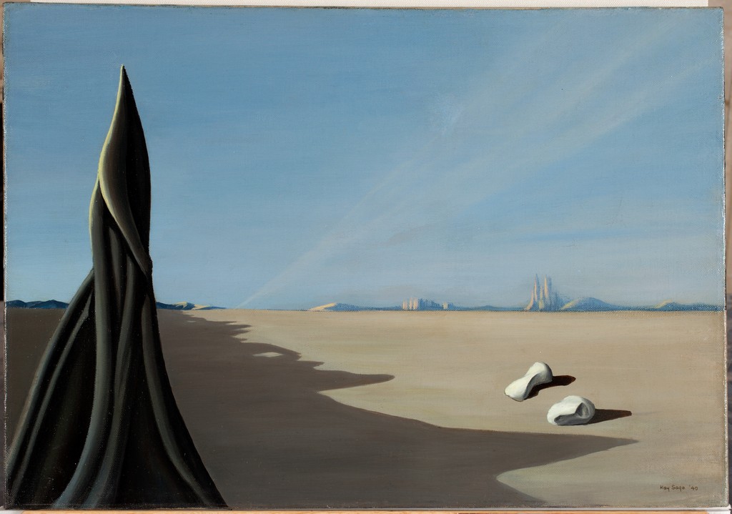 Kay Sage, A Finger on the Drum, 1940, oil on canvas, 15 x 21 ½ inches (National Gallery of Art, Washington)