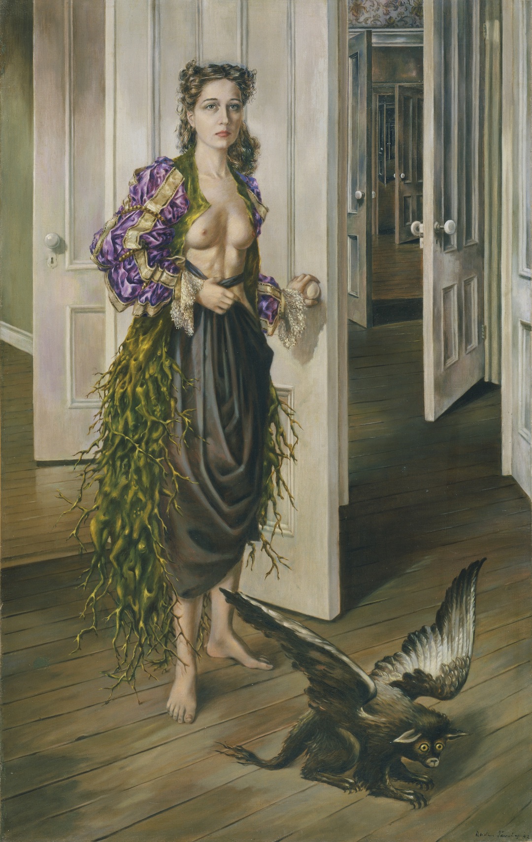 Dorothea Tanning, Birthday, 1942, oil on canvas, 40 ¼ x 25 ½ inches (Philadelphia Museum of Art)