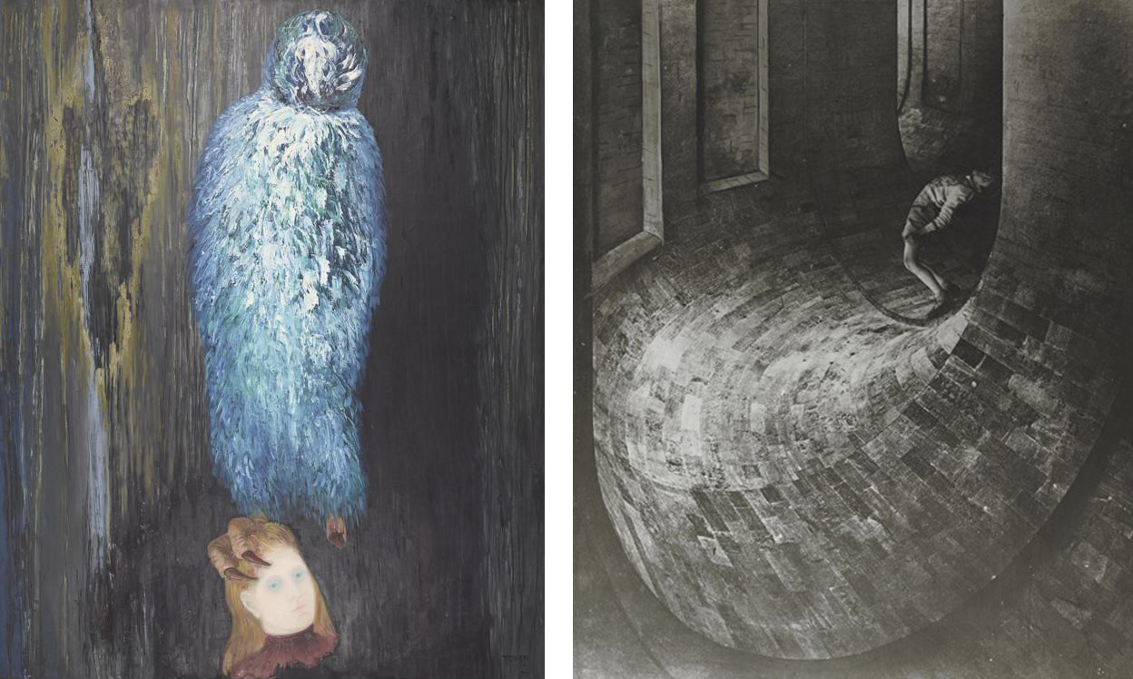 Left: Toyen (Maria Cerminová), The Message of the Forest, 1936, oil on canvas, 160 x 129 cm (National Galleries of Scotland); Right: Dora Maar, Le Simulateur, 1936, gelatin silver print, 30.2 × 23.5 cm (The Museum of Fine Arts, Houston) 