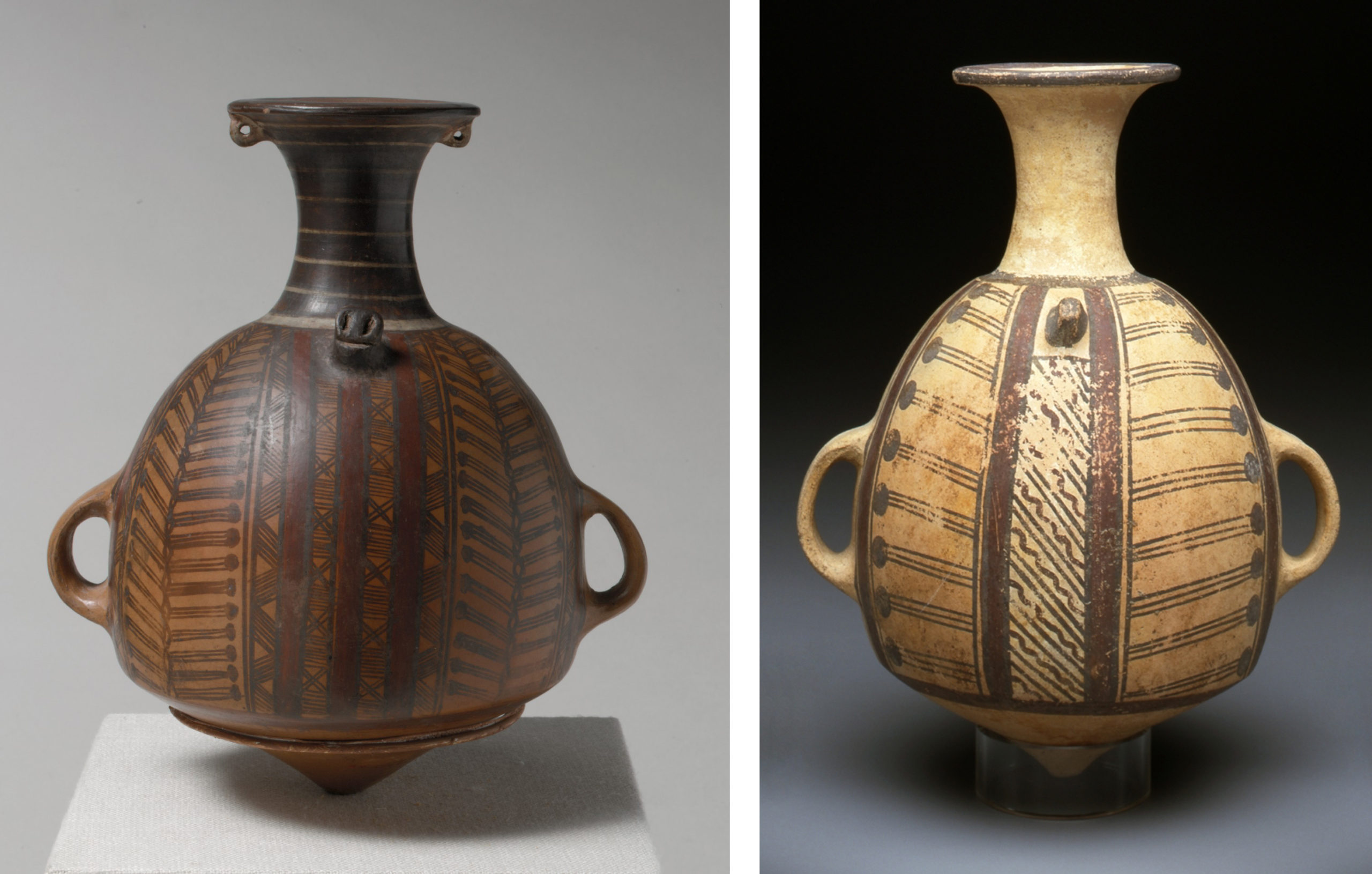 Left: Cusco-style urpu, ceramic, 15th - early 16th century, 8 5/8 x 7 3/8 x inches (The Metropolitan Museum of Art); Right: Chancay colonial Inka urpu, 1440 - 1540, ceramic, 9 ¾ x 6 ½ inches (Michael C. Carlos Museum)