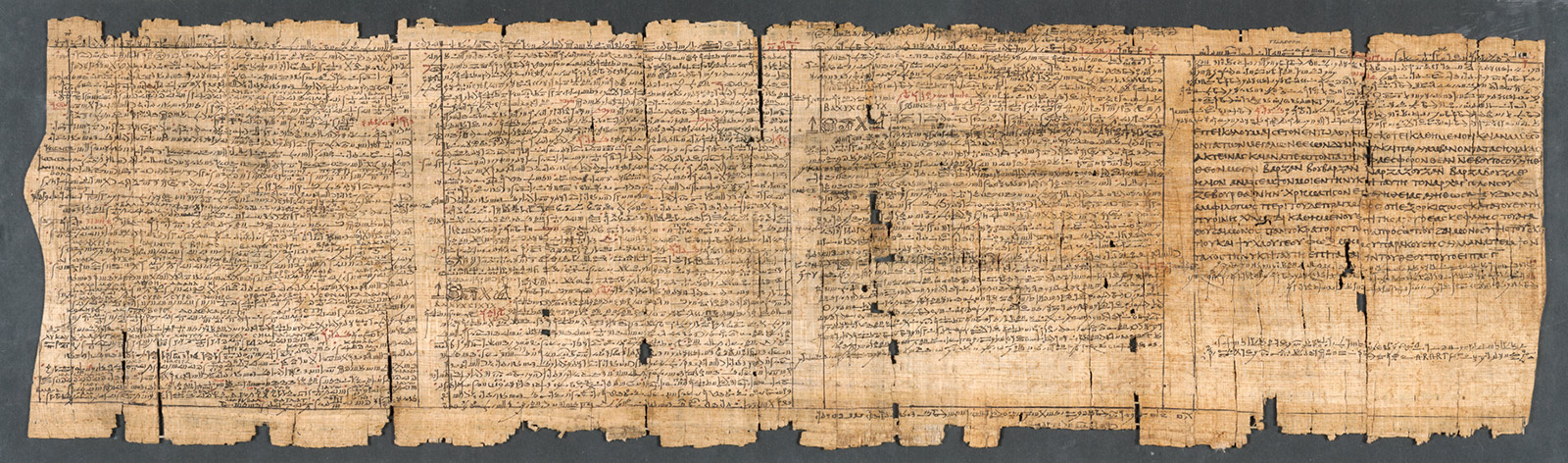 This bilingual papyrus containing magical spells and recipes dates from the early third century A.D. and is written in both Greek and Demotic. In some passages, the Greek text is also transliterated into Demotic, and vice versa. London Magical Papyrus, A.D. 200–225, Romano-Egyptian. Papyrus and ink, 9 7/16 × 33 5/8 in. The British Museum, EA10070,2. On loan from the Trustees of the British Museum. © The Trustees of the British Museum. Featured in the exhibition Beyond the Nile: Egypt and the Classical World