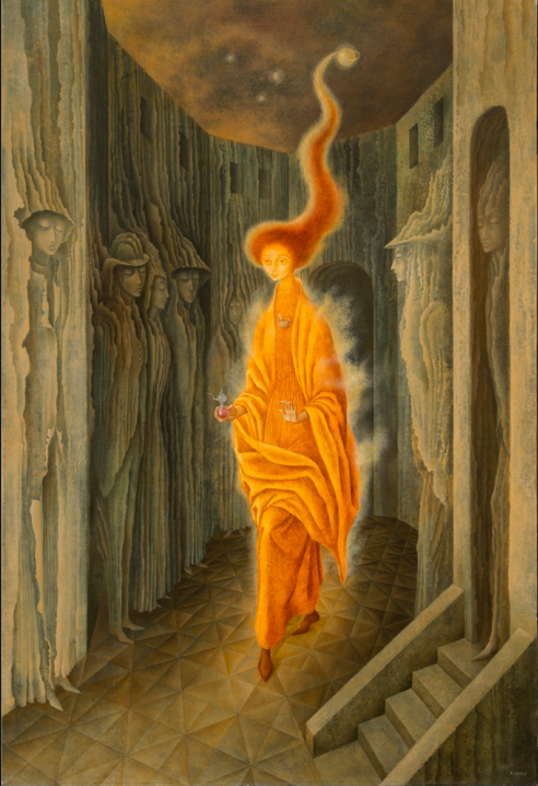 Remedios Varo, The Call, 1961, oil on masonite, 39 ½ x 26 ¾ inches (National Museum of Women in the Arts, Washington, DC)