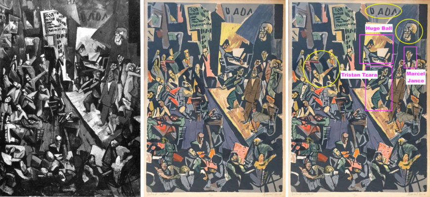Left to right: Grayscale photograph of oil on canvas painting by Marcel Janco, 1916, Cabert Voltaire; color lithograph of the same painting; annotations on said lithograph identifying portrayals of Dada artists within the painting and, in yellow, a man pointing to the word "Dada" and a mask, probably by Janco. (Images: Eduard Andrei)