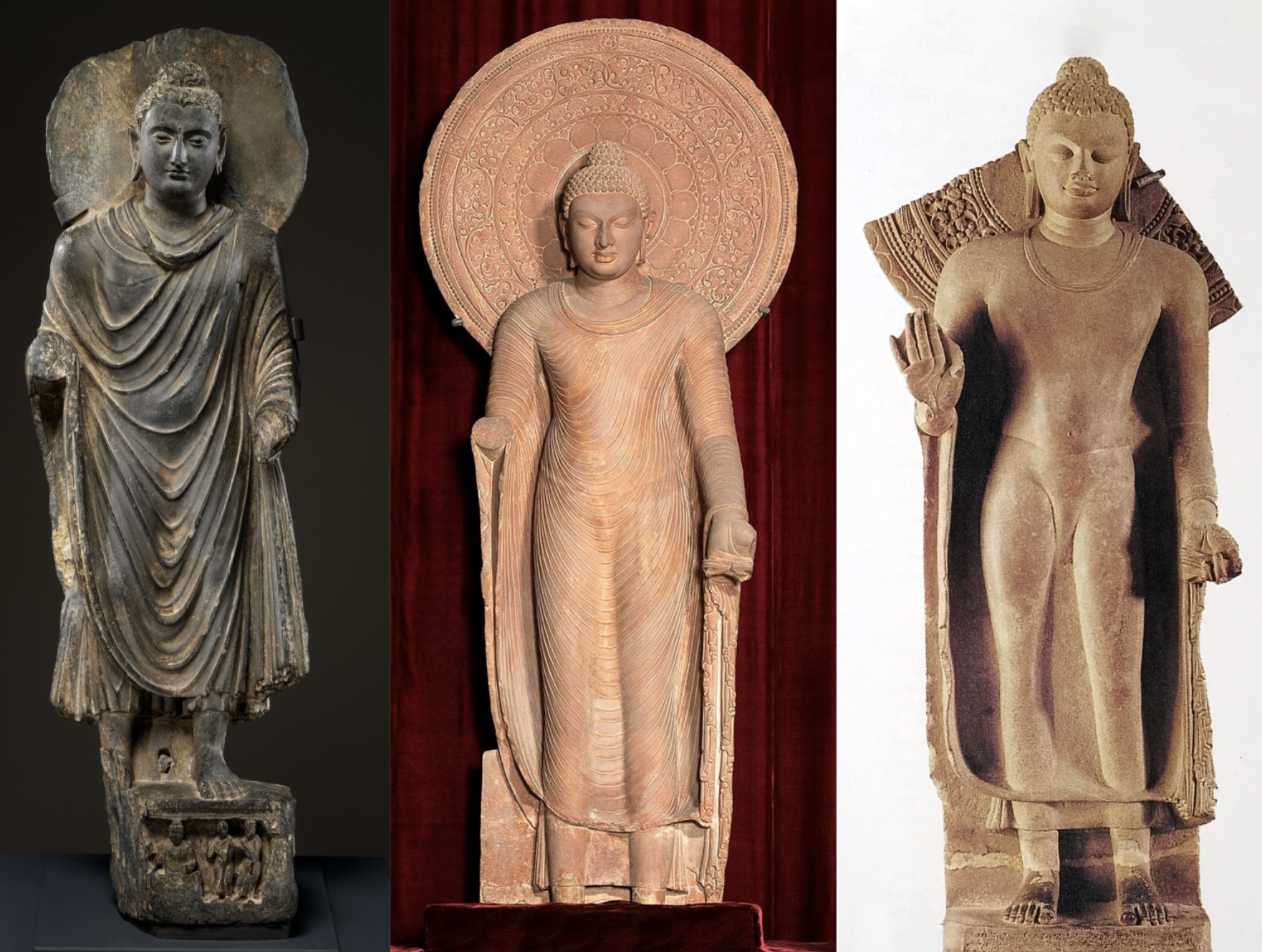 Left to right: Buddha, 3rd century CE, schist, Gandhara (The Metropolitan Museum of Art); Standing Buddha, c. 5th century CE, red sandstone, Mathura (Rashtrapati Bhavan Presidential Palace, New Delhi); Standing Buddha, 474 CE, sandstone, Sarnath (Sarnath Museum)