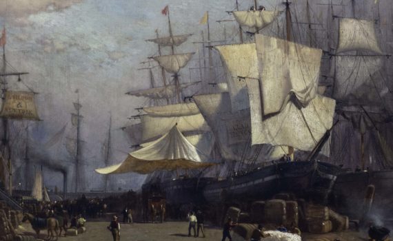 Samuel Colman, Jr., Ships Unloading, New York, 1868, oil on canvas mounted on board, 105 x 76 cm (The Terra Foundation for American Art, Daniel J. Terra Collection, 1984.4)
