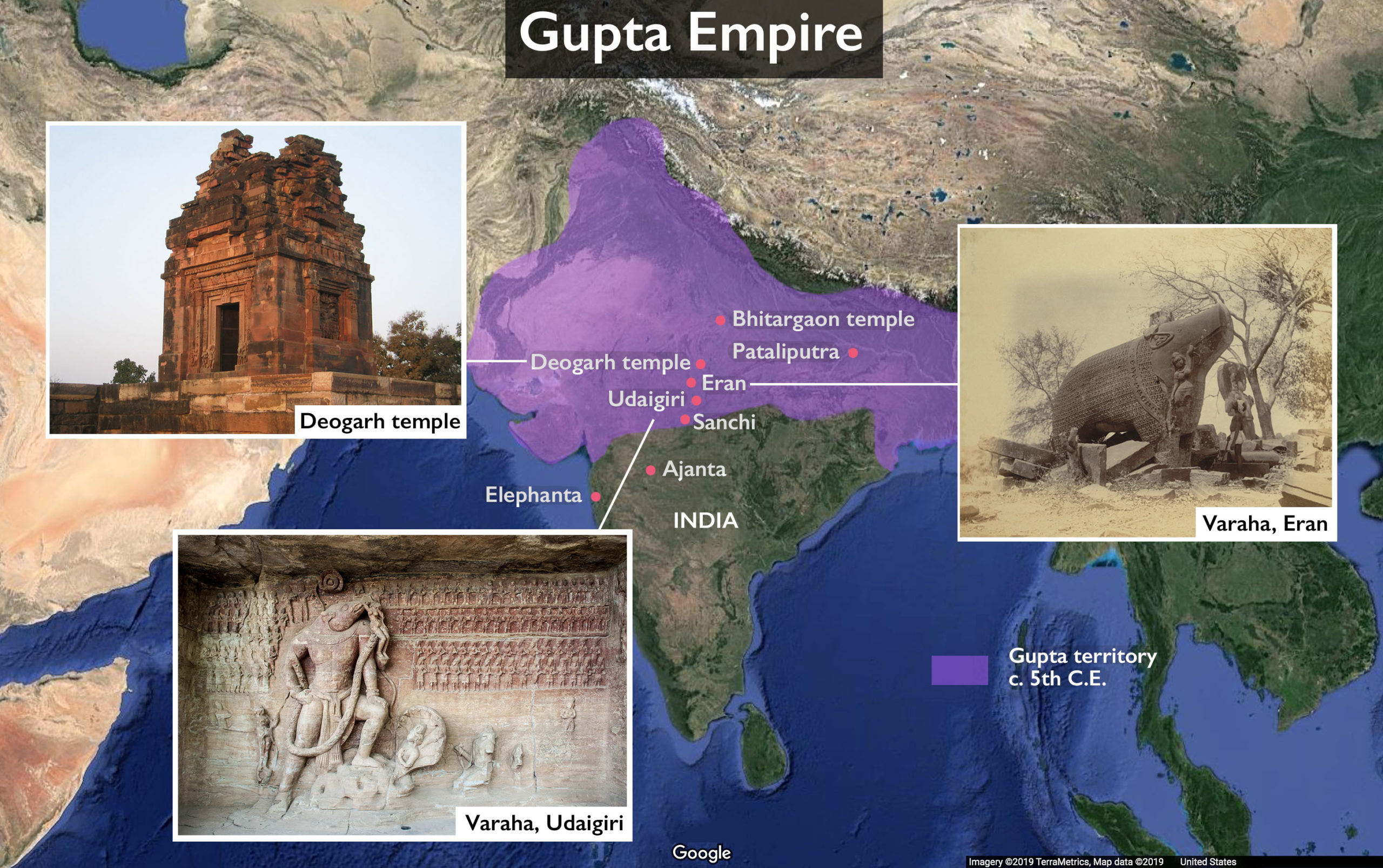 Approximate extent of the Gupta Empire, c. 5th century C.E. Adapted from Woudloper, CC BY-SA 4.0.