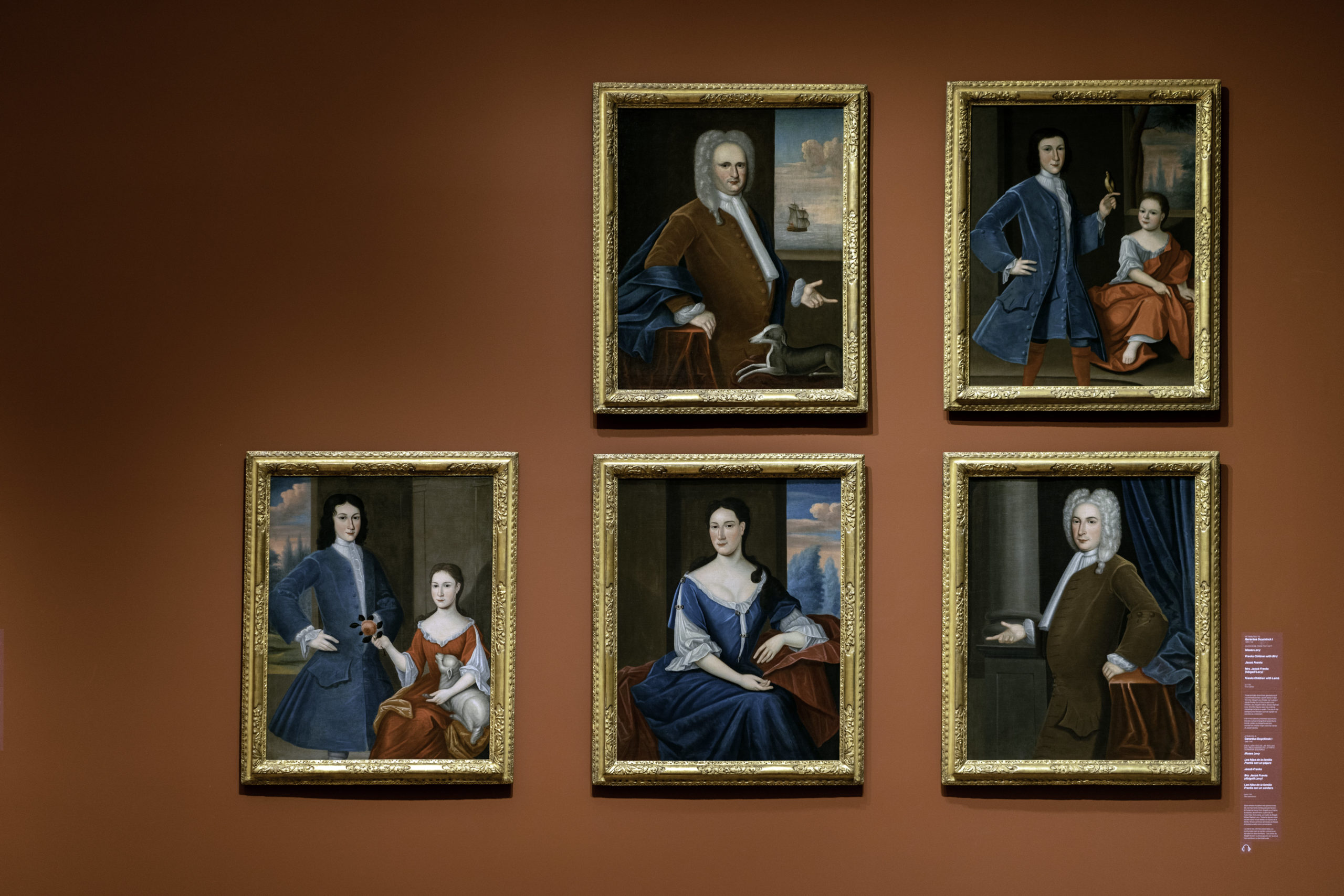 Gerardus Duyckinck I (attributed), six portraits of the Levy-Franks family (Franks Children with Bird, Franks Children with Lamb, Jacob Franks, Moses Levy, Mrs. Jacob Franks (Abigaill Levy), and Ricka Franks), c. 1735, oil on canvas, Crystal Bridges Museum of American Art (photo: Steven Zucker, CC BY-NC-SA 2.0)