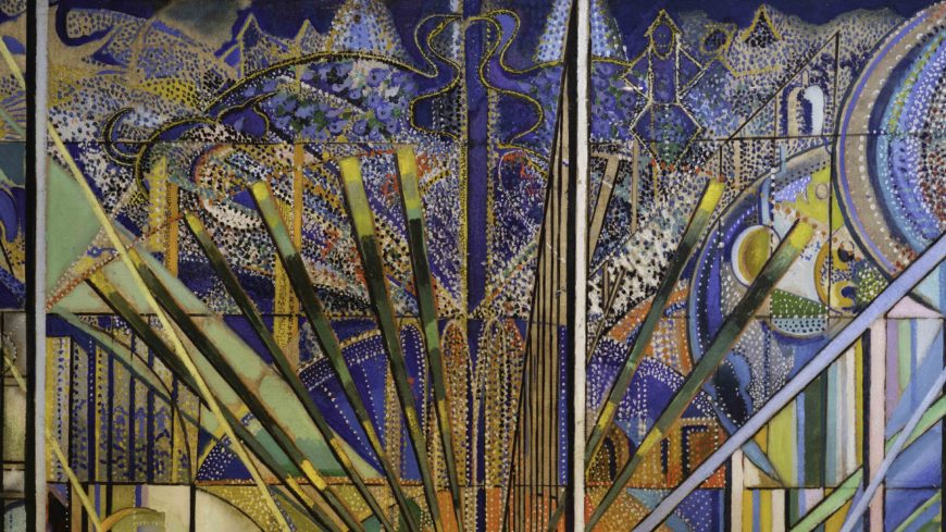Joseph Stella, The Voice of the City of New York Interpreted (detail), 1920-22, oil and tempera on canvas (five panels), 99.75 x 270 inches overall (Purchase 1937 Felix Fuld Bequest Fund 37.288a-e, Newark Museum of Art)