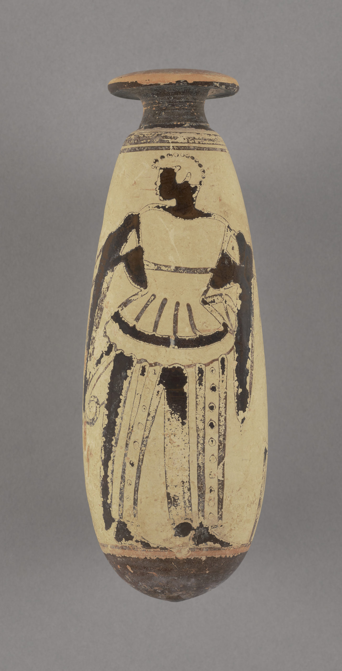 Attic White-ground Alabastron, about 480 B.C., Greek. Terracotta, 5 11/16 inches high. (The J. Paul Getty Museum, 71.AE.202. Digital image courtesy of the Getty’s Open Content Program)