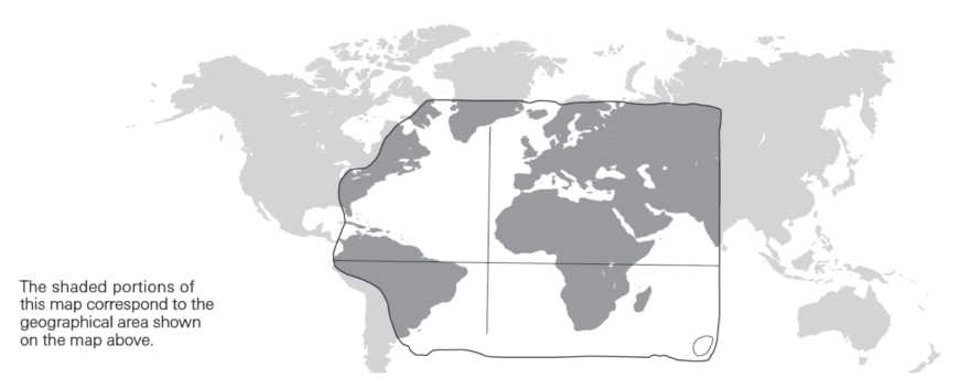 Schematic diagram of the Portolan Chart showing its position on a world map. Credit: Jennifer Minasian