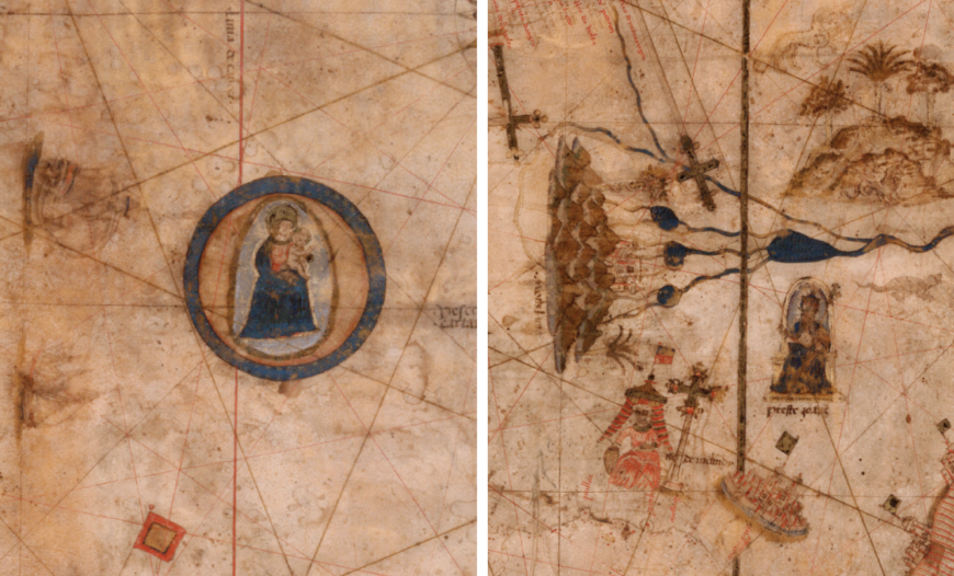 Detalles de Portolan Gráfico que muestra a la Virgen y al Niño en el Atlántico con barcos, y el Reino de Prester Juan y el Jardín del Edén. La Biblioteca Huntington, Colecciones de Arte y Jardín Botánico, San Marino, California, HM 427