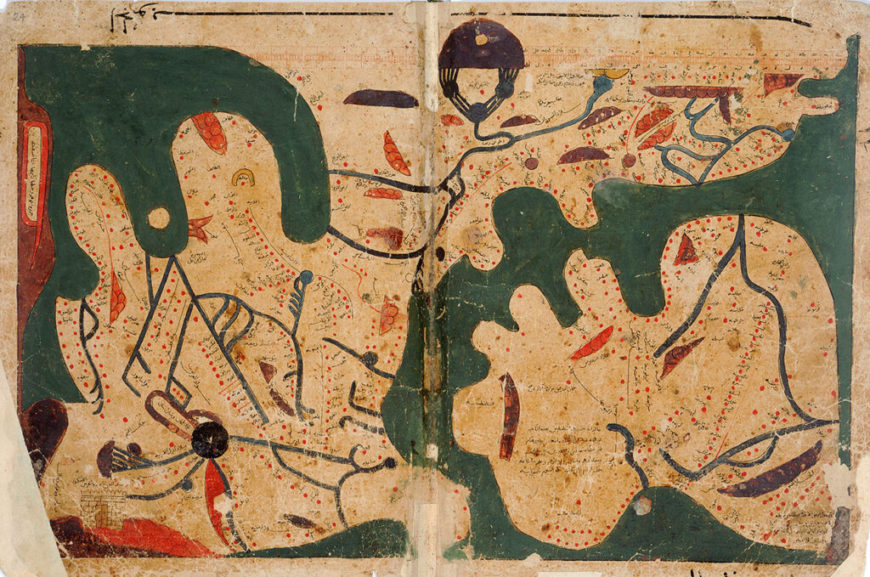 Across the medieval globe, people depicted the world as they knew it, including maps, luxury goods from local and distant lands, legendary peoples, “new worlds,” the “known world,” or even of the universe. World map from the Book of Curiosities of the Sciences and Marvels for the Eyes, Egypt, 1020–50 CE / 410–41 AH (Oxford, Bodleian Library, Ms. Arab c.90)