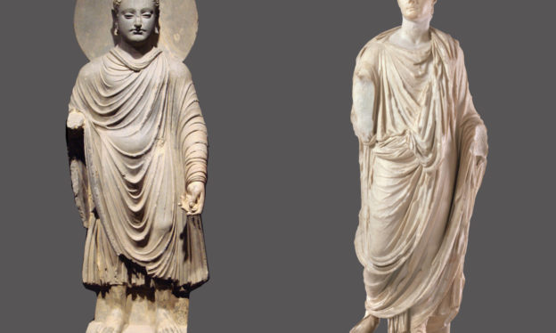 Comparison of a Buddha from Gandhara with a Hellenistic (Greek) sculpture. Left: Buddha, c. 2nd–3rd century C.E., Gandhara, schist (Tokyo National Museum, photo: public domain); right:  “Caligula,” 1st century C.E., Roman, marble (Virginia Museum of Fine Art)