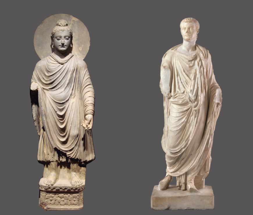 Comparison of a Buddha from Gandhara with a Hellenistic (Greek) sculpture. Left: Buddha, c. 2nd–3rd century C.E., Gandhara, schist (Tokyo National Museum); right:  “Caligula,” 1st century C.E., Roman, marble (Virginia Museum of Fine Art)