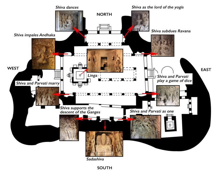 Main features of Elephanta’s Cave of Shiva, c. 6th century C.E. Gharapuri island. Plan adapted from fig. 1, p. 18 of George Michell’s “The Architecture of Elephanta” (see reference below). Photo credits for insets (from left to right): Shiva dances (Jean-Pierre Dalbéra, CC BY 2.0), Shiva as the lord of yogis (Scott McLeod, CC BY 2.0), Shiva subdues Ravana (Sivaraj D., CC BY-3.0), Shiva and Parvati play a game of dice on mount Kailasa (Andy Hay, CC BY 2.0), Ardhanarishvara (Ricardo Martins, CC BY 2.0), Sadashiva (Ronakshah1990, CC BY-SA 4.0), Shiva supports the descent of the Ganges (Sivaraj D., CC BY-SA 3.0), Shiva and Parvati marry (Sivaraj D., CC BY-SA 3.0), Shiva slays Andhaka (Elroy Serrao, CC BY-SA 2.0); Linga shrine (Ricardo Martins, CC BY 2.0).