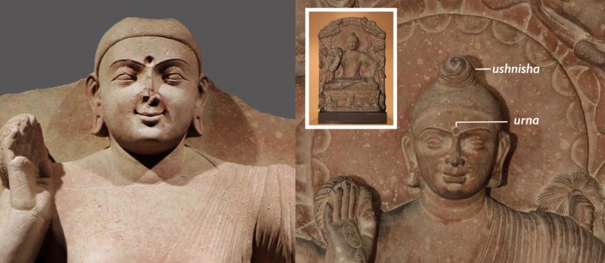 To visualize the lost ushnisha and urna on the Seated Buddha with Two Attendants (left), 132 C.E. (Kimbell Art Museum), we can compare it with another early Buddha image, the Katra stele (right), end of the 1st century C.E. (Government Museum, Mathura) (photo: Biswarup Ganguly, CC BY-3.0)