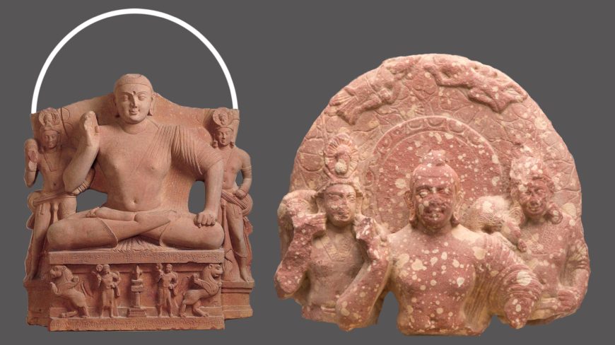 Seated Buddha shown with approximate halo (Kimbell Art Museum) and Stele with Bodhisattva and Two Attendants, c. 2nd century C.E., red sandstone, 7 5/16 x 8 7/16 x 2 3/4 inches (Harvard Art Museums)