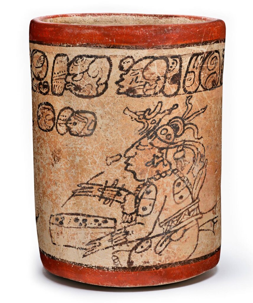Codex-Style Cylinder Vessel with Scribes, 650–800, Guatemala or Mexico, Northern Petén or Southern Campeche, Maya. Ceramic (Los Angeles County Museum of Art, M.2010.115.562).